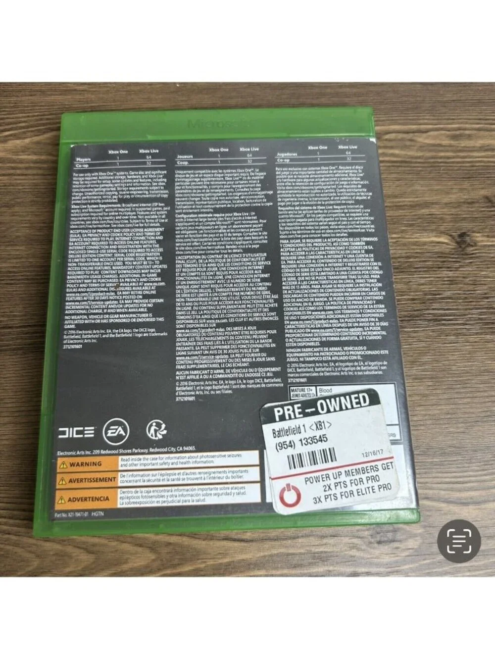 Microsoft XBox One - Battlefield 1 Early Enlister Deluxe Edition missing manual